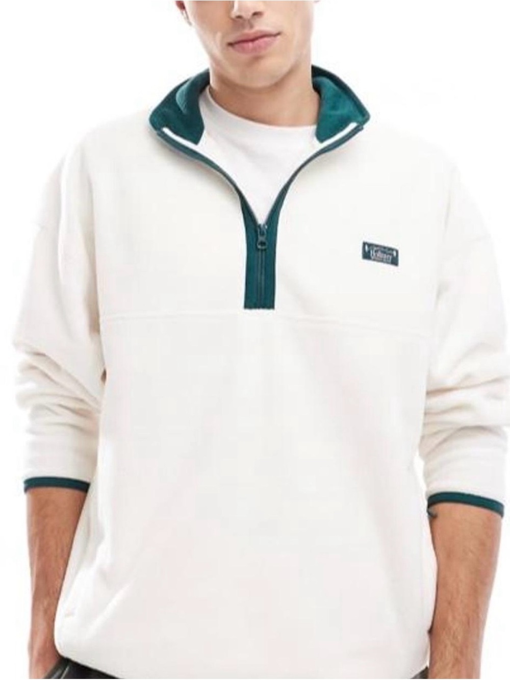 Hollister Motif Detail Half Zip Fleece Pullover | Cream & Green | Size XL